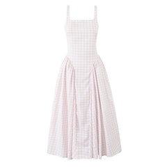 Lace Up Bandage Plaid Sling Dress Women Elegant Square Neck Low Waist A-line Midi Summer Dresses Holiday Party Robe 2025 voguable