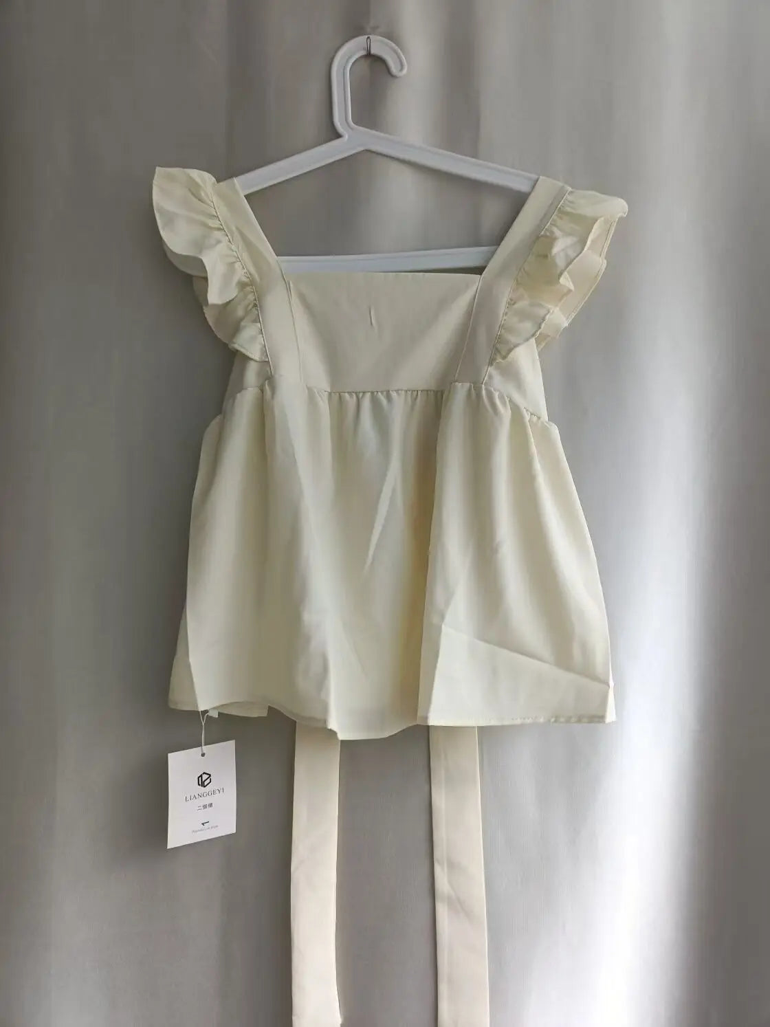 Voguable  Elegant Sweet Square Collar White Blouses New Ruffles Flying Sleeve Shirts Summer Backless Bow Vest for Women voguable