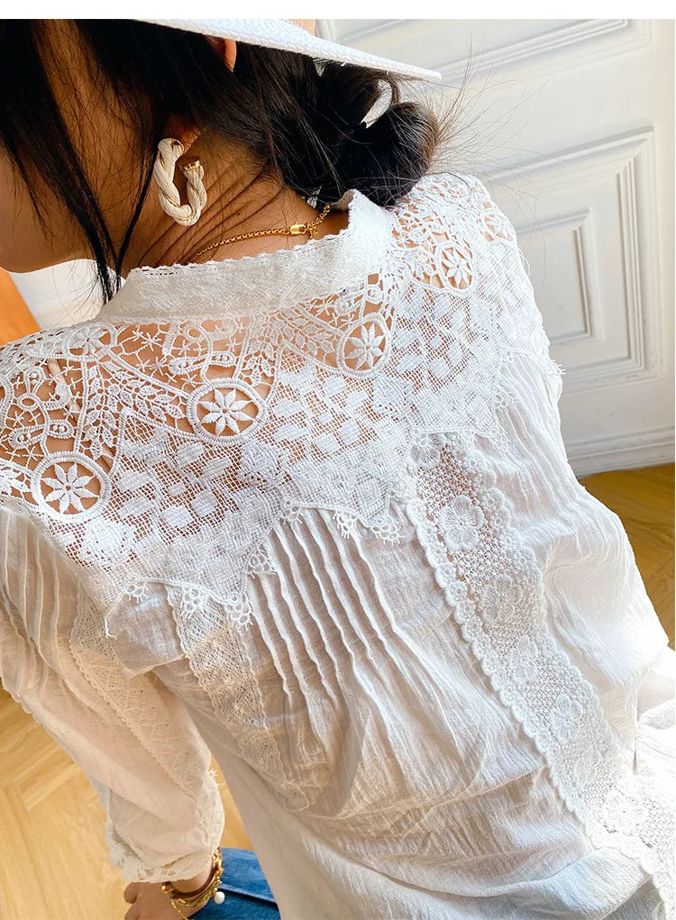 Elegant Chic Blouse Shirt White Lace Patchwork Spring Women Blouse Long Sleeve Hollow Out Boho Sexy Ladies Top Shirt voguable