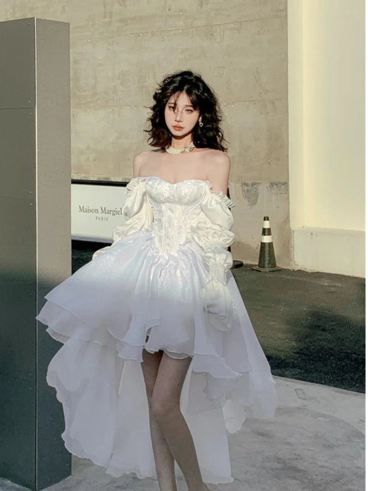 Voguable White Fairy Dress Women Elegant Evening Party Dresses Long Sleeve Mesh Patchwork Vintage  Spring Fashion voguable