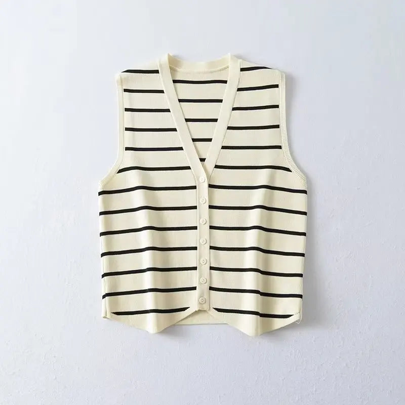 Voguable  Women Fashion Single Breasted Striped Tank Top Sexy Sleeveless Ladies Summer Crop Top voguable