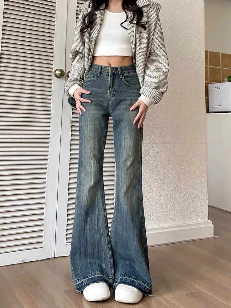 Voguable Fashion Slim Casual Vintage Blue Women‘s Jeans Winter American Style Chic Office Ladies Pockets Basic Female Flare Pants voguable