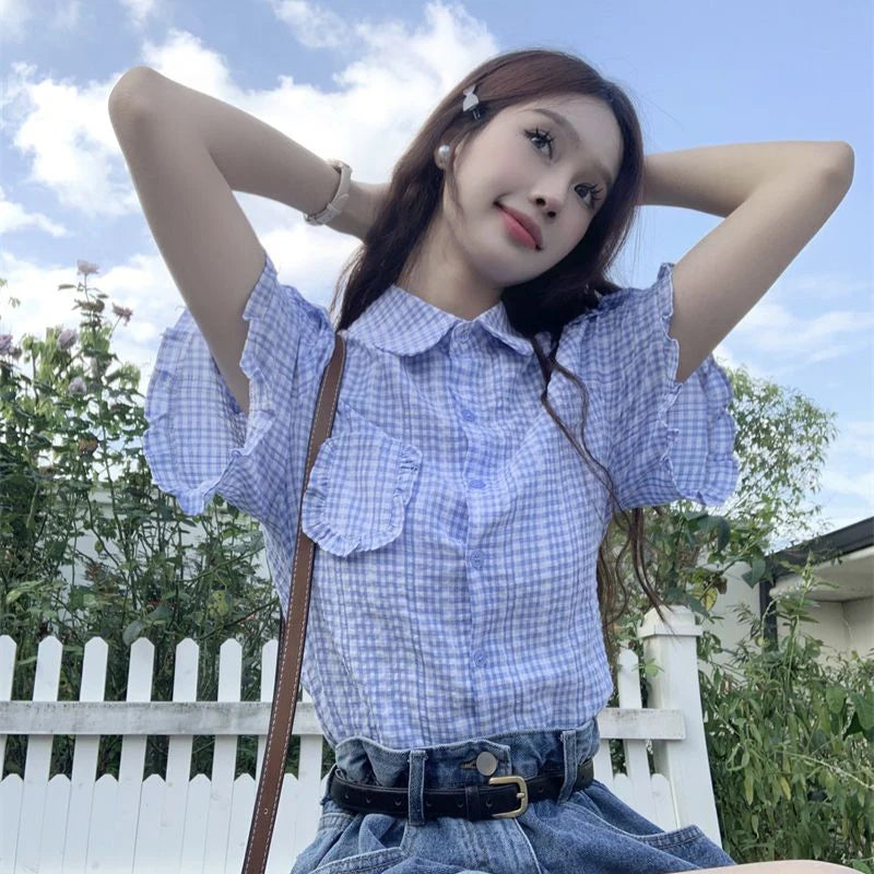 Korean Ruffles Short Sleeve Plaid Shirt Women Preppy Sweet Turn Down Collar Blouse female Summer chic Pocket Button blouse voguable
