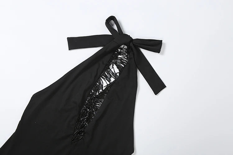 Voguable  Sexy Tassel Patchwork Dress Women Fashion Halter Bandages Irregular Hem Deep V-Neck Simple Elegant Party Club Bodycon voguable