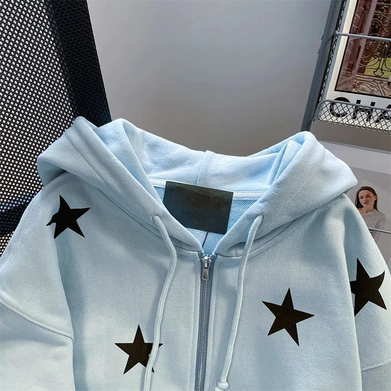 Stars Print Hoodies Women Vintage Streetwear Long Sleeve Loos Blue Sweatshirts Casual Pockets Lace Up American Fall Tops voguable