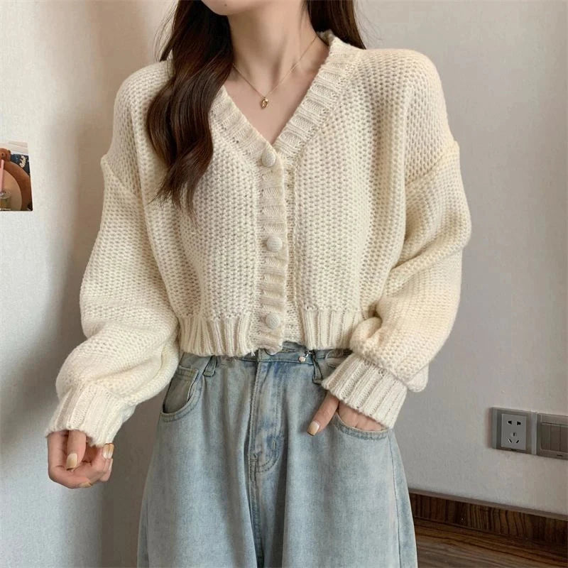 Sexy Cropped Sweet Cardigan Women V Neck Vintage Slim Long Sleeve Knitted Sweaters Korean Causal Simple Solid Lady Fall Tops New voguable