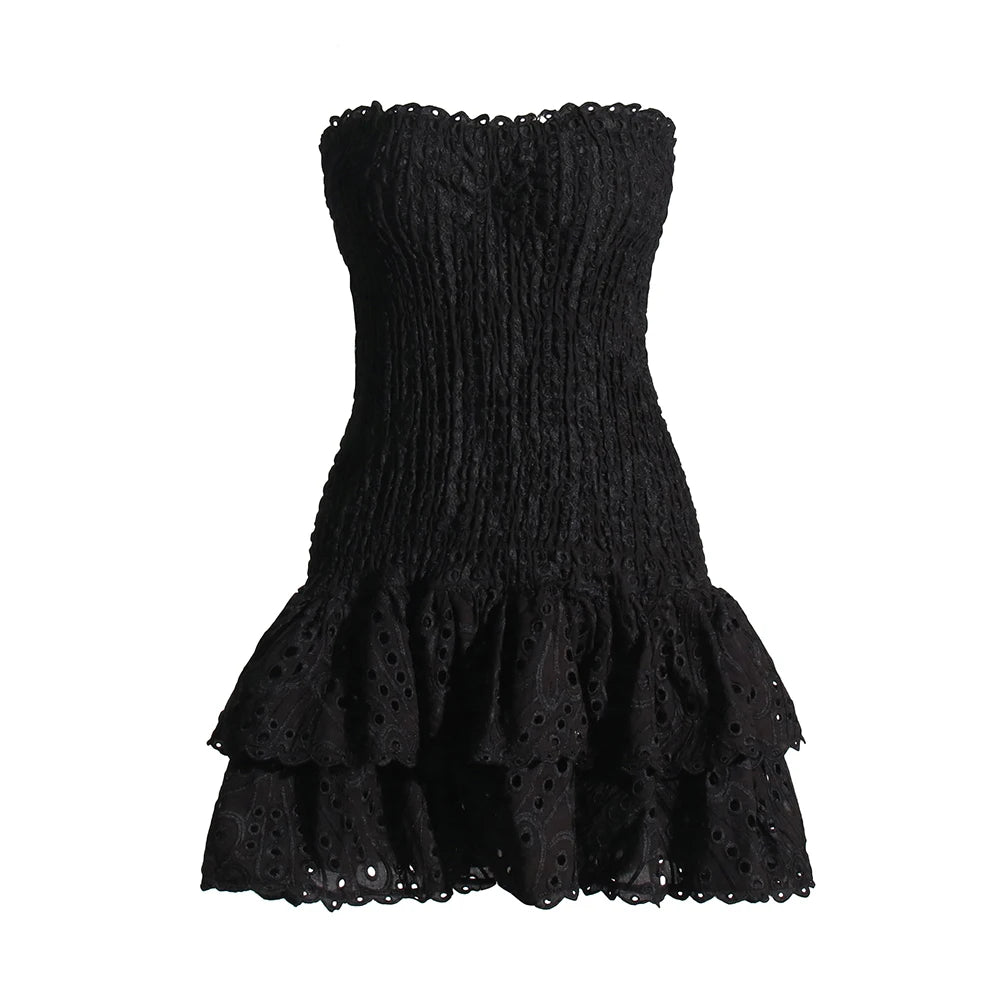 Cut Out Layered Hem Sexy Dress For Women Strapless Sleeveless Off Shoulder High Waist Mini Dresses Female Clothing voguable
