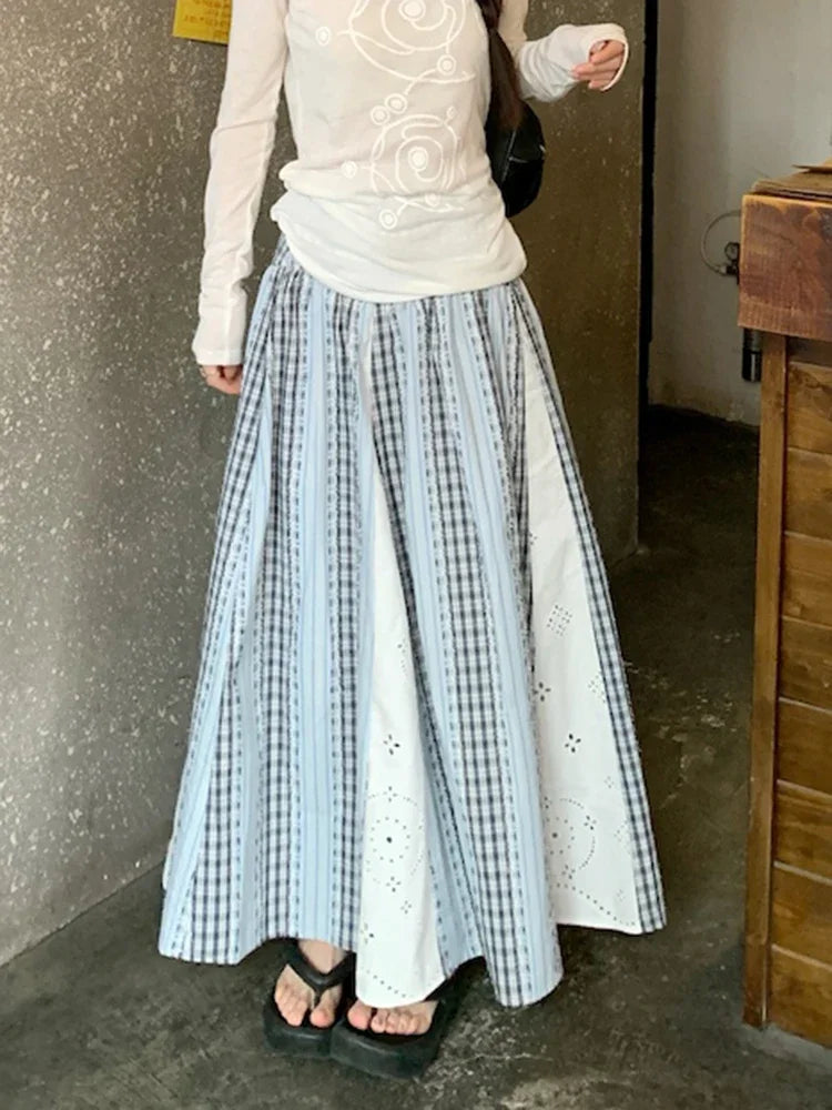 Sweet Lace Patchwork Long Skirts Women Korean Loose High Waist Skirt Casual Design Striped Plaid Elegant Female Skirts New voguable