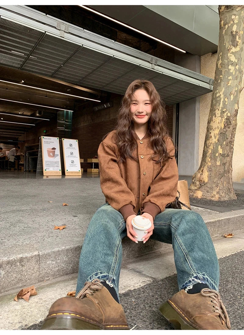 Y2K Retro Baseball Jacket Women Faux Suede Long Sleeve Fall Winter Coat Streetwear Casual American Vintage O Neck Bf Tops voguable