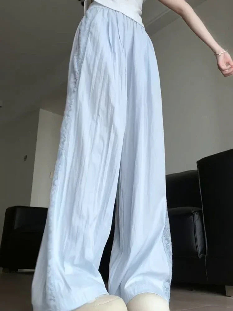 Sweet Lace Patchwork White Pants Y2K High Waist Preppy Thin Wide Leg Pants Korean Chic Loose Jogging Quick Drying Trousers New voguable