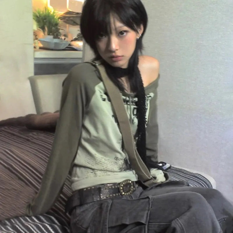 Japanese Y2k Off Shoulder T-shirt Grunge Aesthetics Graffiti Print Long Sleeve Tee Shirt Vintage Harajuku Streetwear 90s voguable