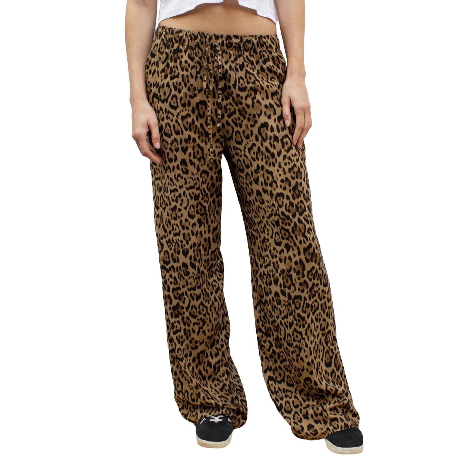 Fashion Vintage Leopard Print Wide-leg Pants Women Casual High-waisted Trouser Spring Summer Office Lady Clothes Streetwear Pbong