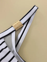 Voguable  Vintage Blue Striped Bikini Set Women Metal Strap Mesh Patchwork Push Up High Waist Swimsuit Beach Bathing Suit Swimwear voguable