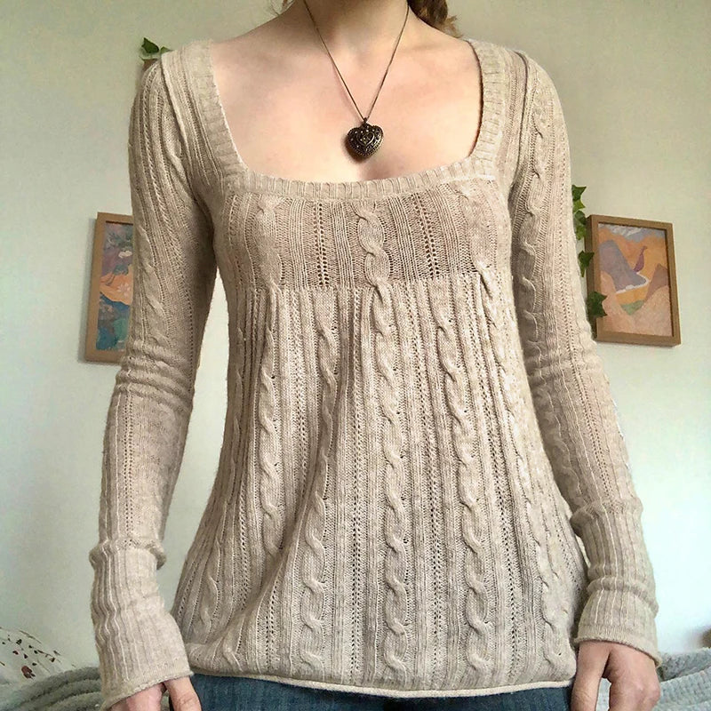 Vintage Babydoll Tops Pullovers Lady Aesthetic Coquette Knit Sweaters Outfit Autumn Square Neck Long Sleeve Knitwear Jumpers Y2k voguable