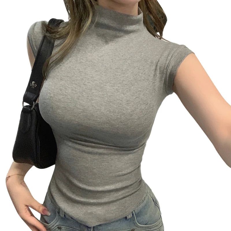 y2k Crop Tops Women Summer Vest Solid Color Mock Neck Sleeveless Stretchy T Shirts 2000s Aesthetic Clothing Streetwear voguable