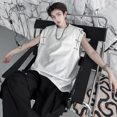 Voguable Stylish High Street Original Sleeveless T-shirts Men's 2024 Summer New Trendy Metal Buckle Decorate Male Vets Tops voguable
