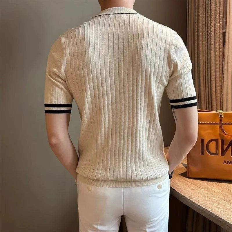 Men's Clothing Fashion Patchwork Tops Luxury High Quality Knit O Neck Short-sleeved T-shirt Leisure Popular Retro Slim Knitwear voguable