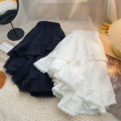 Voguable Elastic Waist White Black Irregular Mini Kawaii Skirt Japanese Style School Y2k Aesthetic Ruffles Short Skirt Women Streetwear voguable