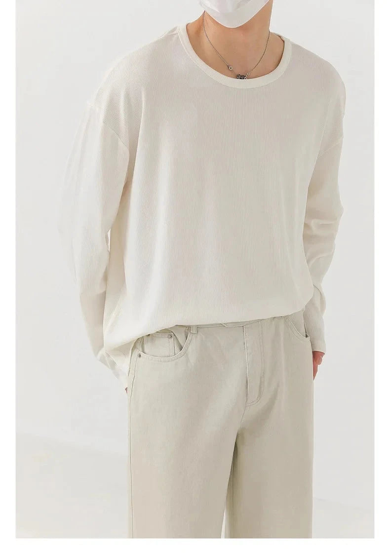 Korean Fashion Men T-shirt Luxury Knitted Solid Color Scoop Neck Long Sleeve Tees Casual Premium Quality Textured Knitwear M-3XL voguable