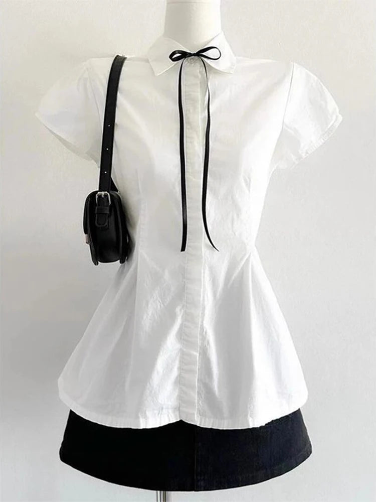Elegant Bow Women Shirts Summer Short Sleeve White Preppy Style Blouse Tunic Bandage Simple Solid Korean Ladies Tops New voguable