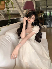 Voguable  Summer Fairy Backless Slash Neck Embroidery Suspender Dresses Women High Waist Chiffon Slim Fit Lolita Style White Dress voguable