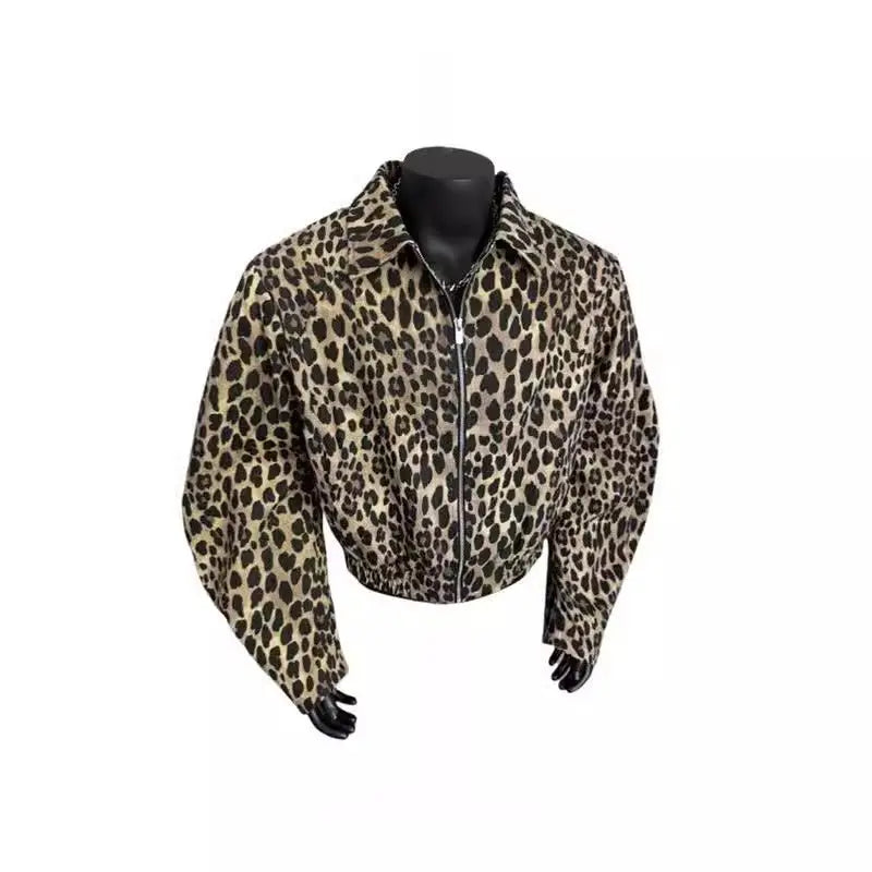 American Retro Leopard Print Jacket Men's Korean Style Style High-end Handsome Short Jacket Trendy High Street Style Denim Top voguable
