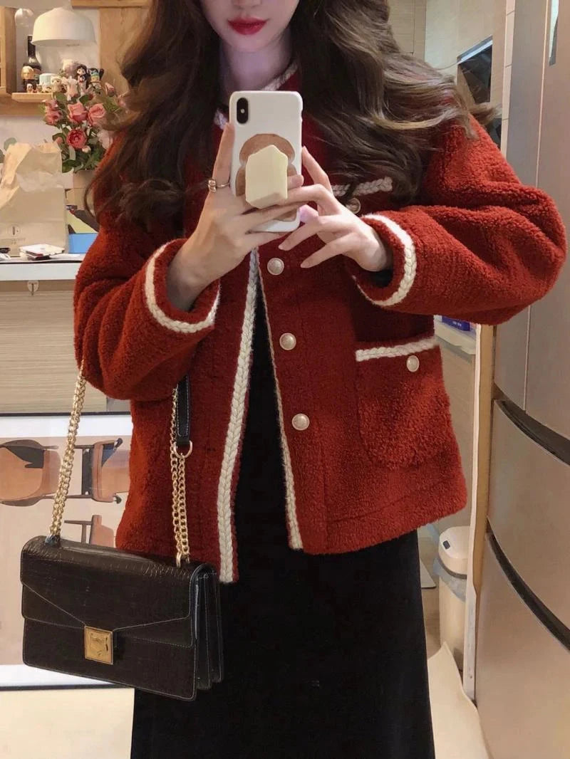 Red Faux Lamb Sweet Coat Women Korean Long Sleeve Winter Warm Jacket Vintage Casual O Neck Elegant Pearls Buttons Cute Tops voguable