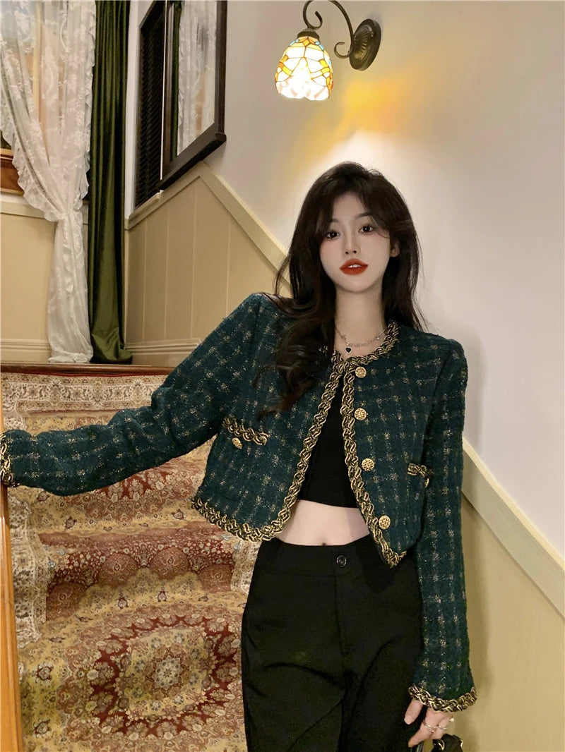 Vintage Cropped Tweed Jacket Women Elegant Blazer Korean Single Breasted Short Coats Autumn Winter Chic Suit Outerwear New voguable