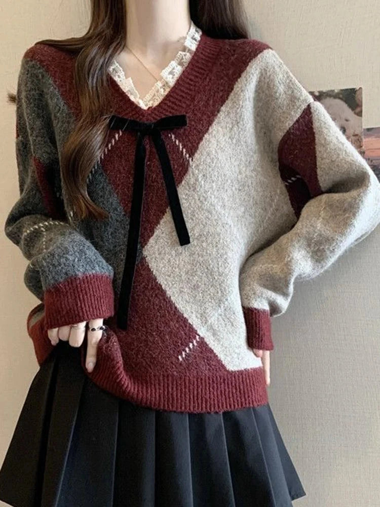 Sweet Bow Argyle Sweaters Women Retro Preppy Style Loose Knitted Pullover Lace Patchwork Long Sleeve Female Vintage Jumpers Fall voguable