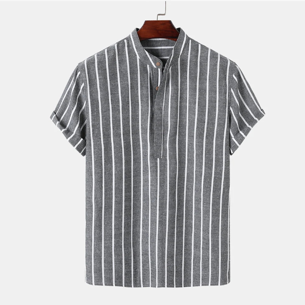 Voguable Summer Spring Men Casual Striped Blouse Shirts Male Turn Down Collar Short Sleeve Button Loose Sand Beach Tops M-3XL voguable
