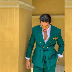 Voguable New Design Green Male Suits for Wedding With Belt 2 Pieces Double Breasted Formal Groom Travel Wear Jacket+Pants Costume Homme voguable