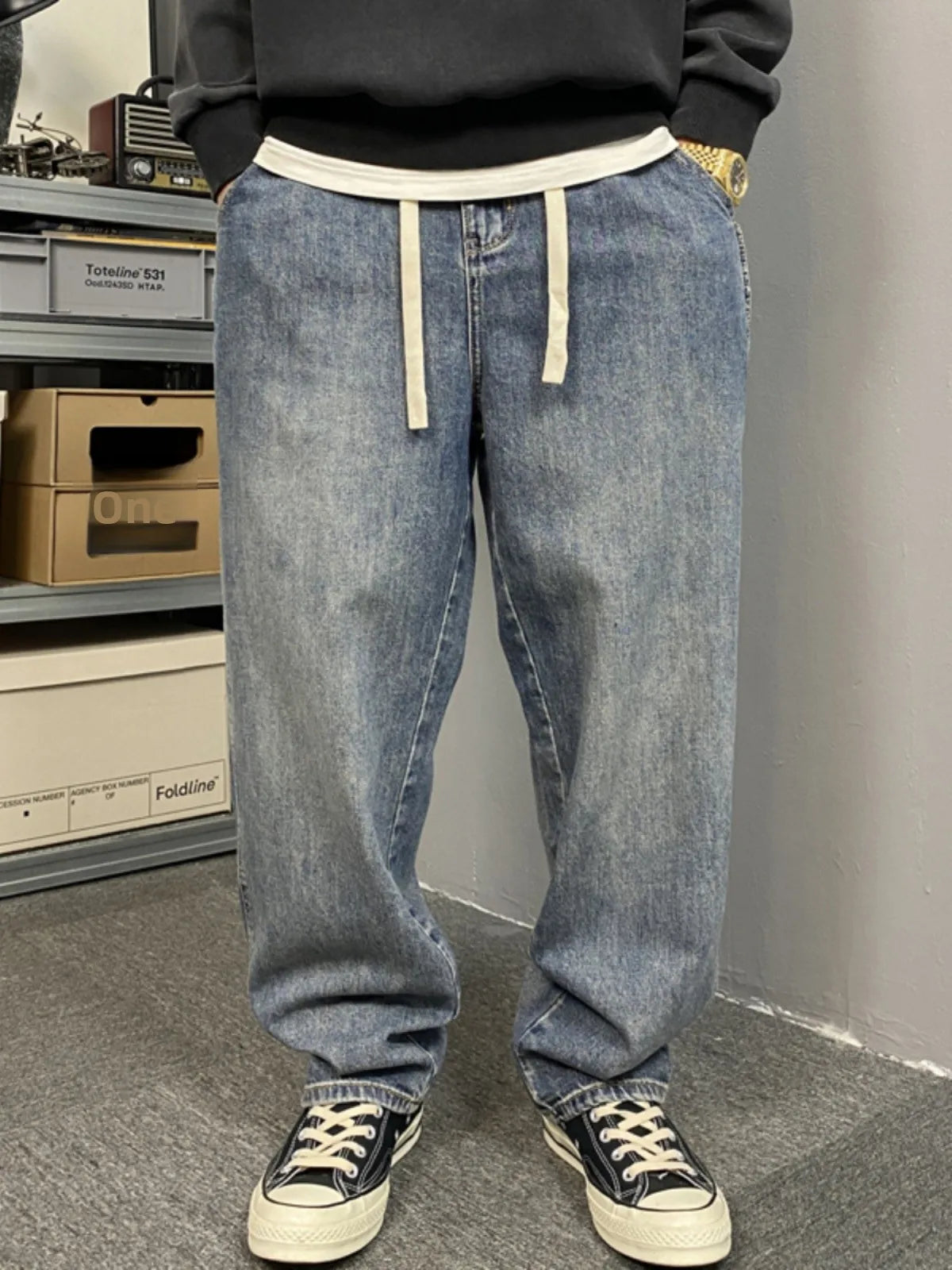 Voguable  American Style Casual Faded Wide Leg Jeans Men's Loose Fit plus Size Straight Cut Denim Pants Fashion Urban Wear Spring Autumn voguable
