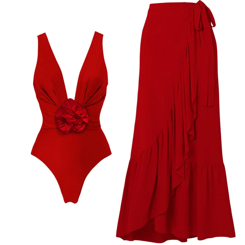 Red Flower One Piece Swimwear With Cover Up Trend Swimsuit 2025 Sexy Biquini Luxury Woman Swimsuit Beach Outing Bodysuit Bathsui voguable