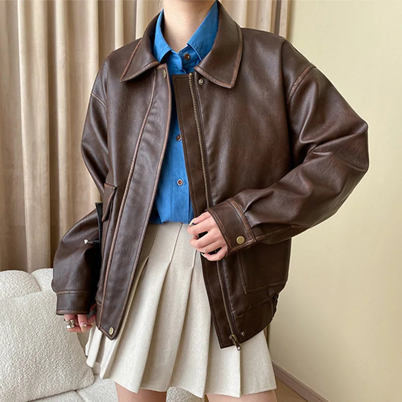 Vintage Maillard Leather Jacket Silhouette Craft PU Leather Motorcycle Jacket Top Women Loose Thickened Brown Coat Spring Autumn voguable