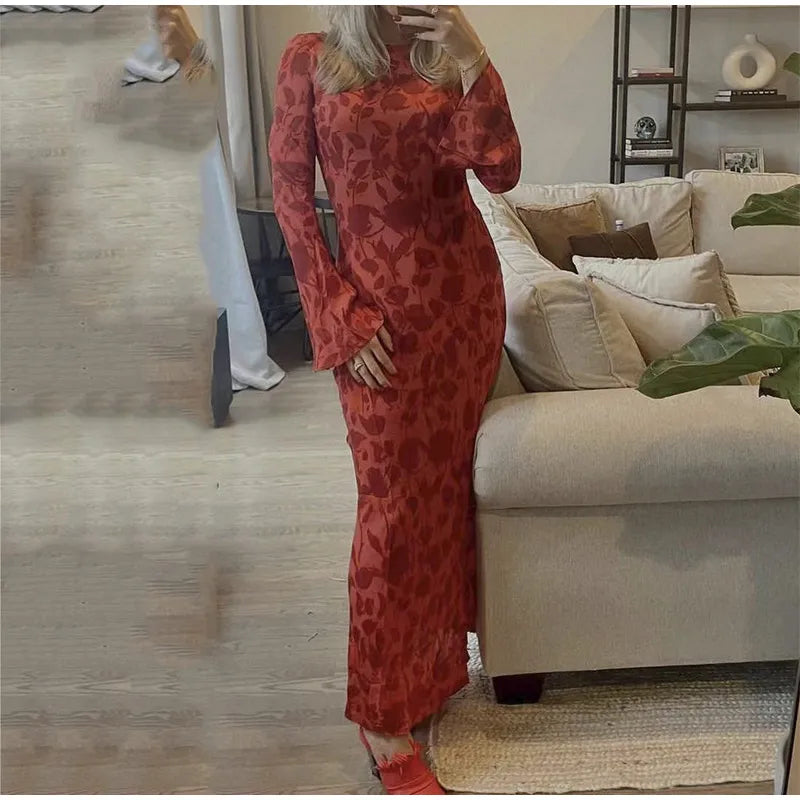 Ladies Elegant Floral Print Flare Sleeve Chiffon Maxi Dress Summer Women O Neck Printing Slim Beach Holiday Party Dress Vestido voguable