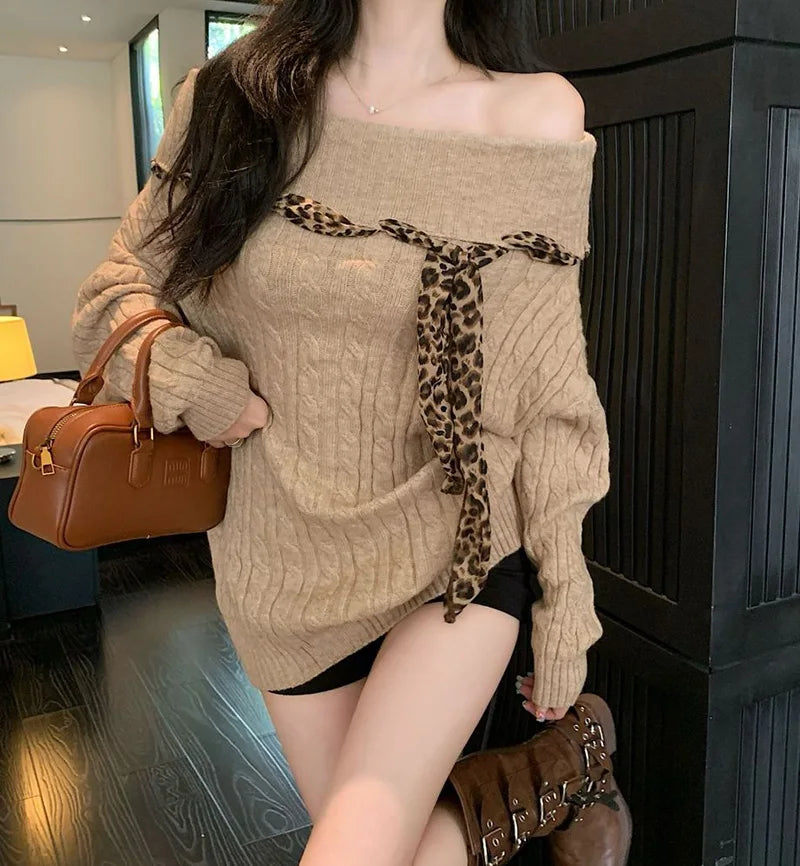 Sexy Off Shoulder Y2K Sweater Women Vintage Leopard Lace Up Knitted Jumper Casual Lazy Wind Long Sleeve Slash Neck Pullover voguable