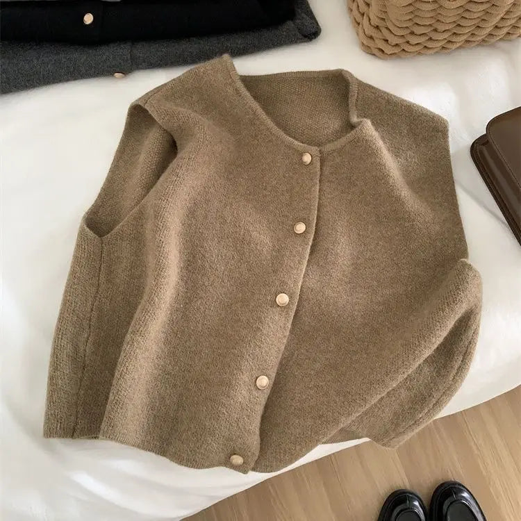 Crew Neck Women's Korean Solid Button Short Sleeve Cardigan Coats Sweater Knitted Sleeveless Ladies Elegant Tanks Bottoming voguable