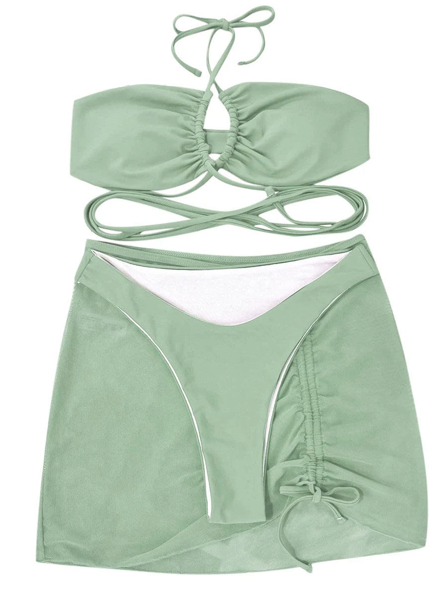 Voguable  3 Pieces Criss Cross Halter Bikini Women & Beach Skirt Swimwear Female Sexy Swimsuit Beachwear Bathing Swimming Suit voguable