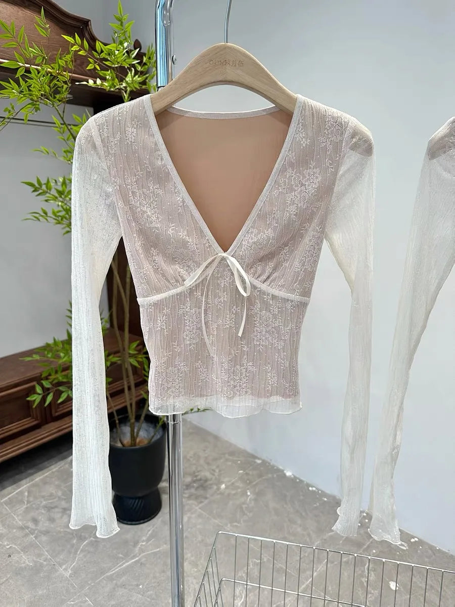 Deeptown Coquette Aesthetic Mesh T Shirts Women Vintage V Neck Lace Bow Cropped Tops Y2k Sexy Slim Fit Long Sleeve Tee Shirts voguable