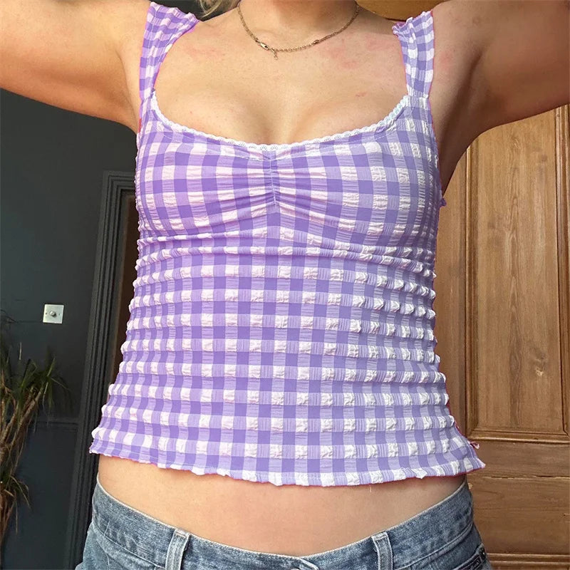 y2k Tops for Women Summer Fairycore Clothing Plaid Print Lace Trim Sleeveless Tanks T Shirts 2000s Clothing Streetwear voguable