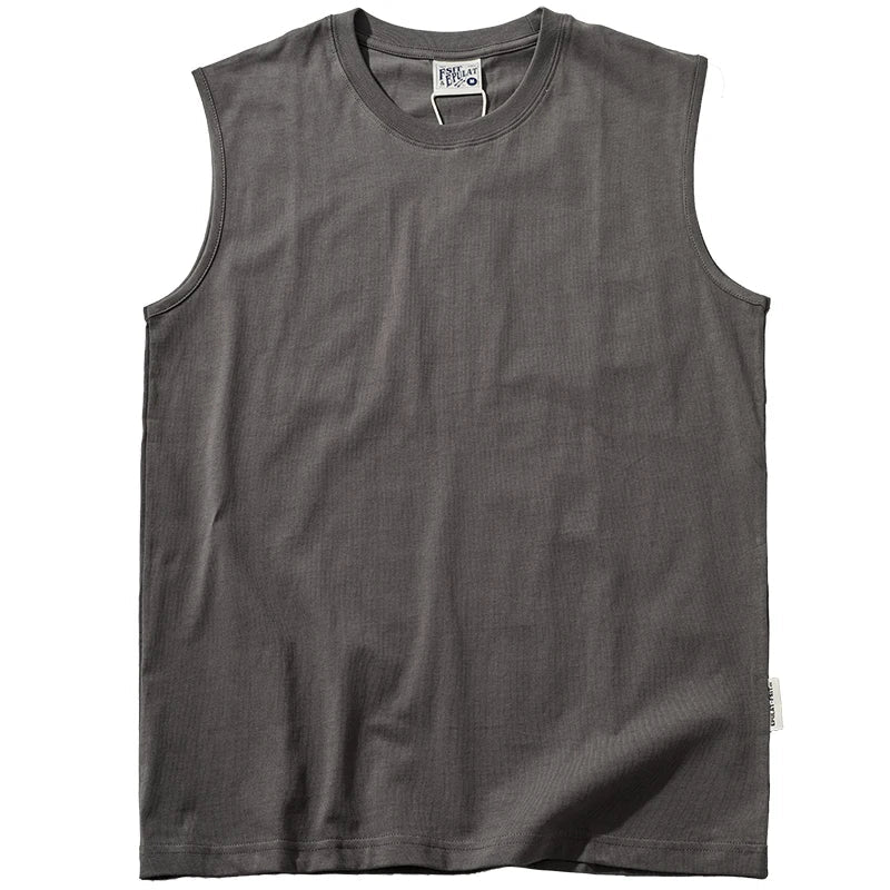 Voguable  Summer New American Retro Sleeveless O-neck Soild Color T-shirt Men's Fashion 100% Cotton Washed Old Casual Sports Vest Tops voguable