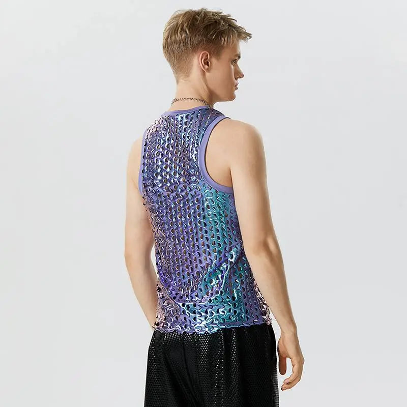 Men Tank Tops Sparkling O-neck Sleeveless Streetwear Hollow Out Vests Summer Sexy Fashion Party Men Clothing S-5XL voguable