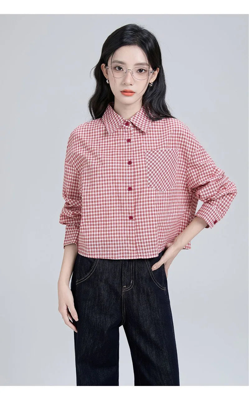 Sweet Red Plaid Shirt Women Preppy Style Vintage Long Sleeve Blouse Korean Fall Loose Female Retro Cute All Match Tops New voguable