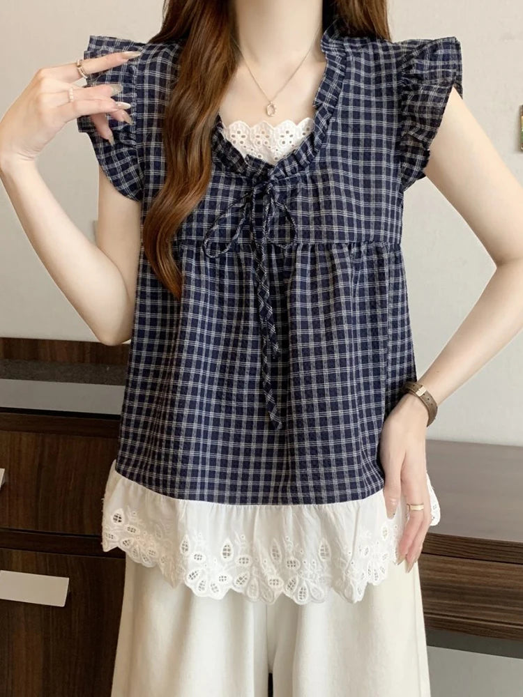 Lace Patchwork Plaid Shirt Women Casual Loose Flying Sleeve Vintage Blouse Preppy Style Sweet Korean Lady Retro Summer Tops voguable