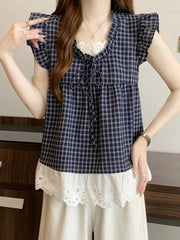 Lace Patchwork Plaid Shirt Women Casual Loose Flying Sleeve Vintage Blouse Preppy Style Sweet Korean Lady Retro Summer Tops voguable