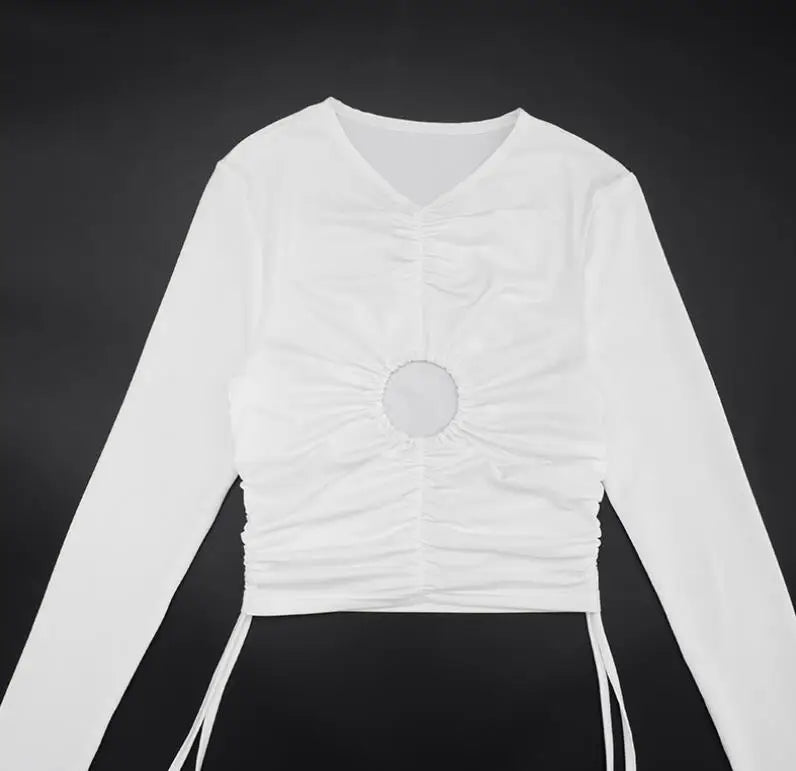 Voguable  Women's pullover with hollowed out circular pleats and adjustable drawstring, cropped pants with exposed navel set voguable