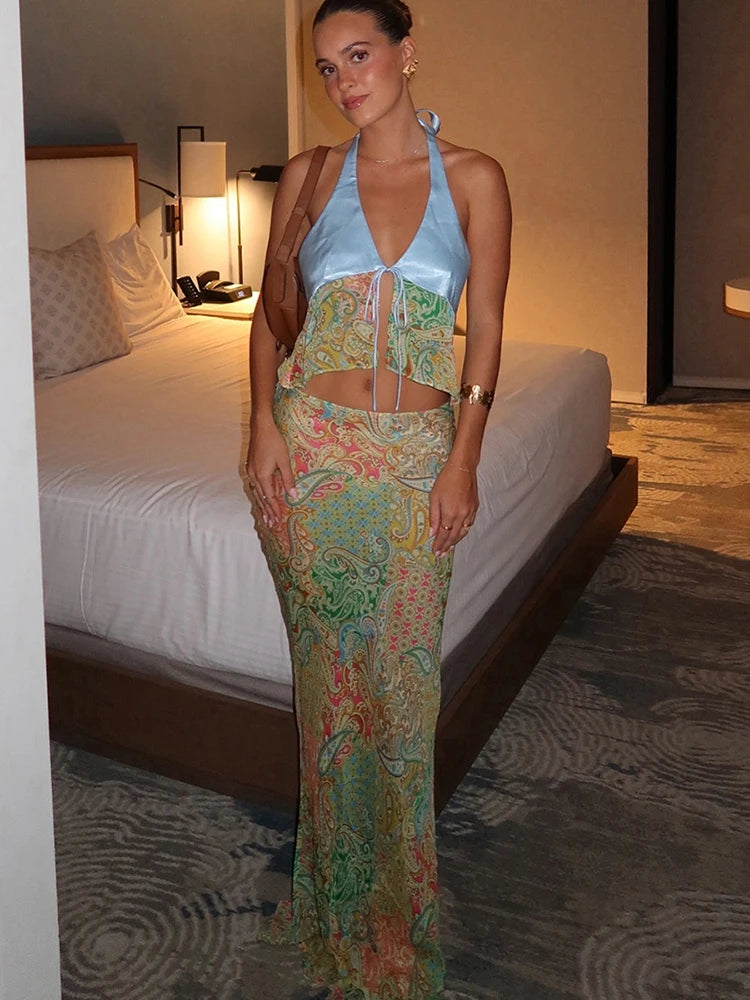 Summer Trend 2 Piece Set Women Satin Patchwork Backless Lace Up Camisole+Colorful Print Maxi Skirts Matching Clubwear voguable