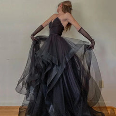 Voguable  Black A-line Evening Dress Sexy Edge Curl Prom Dress Strapless Party Dress With Gloves Gothic voguable