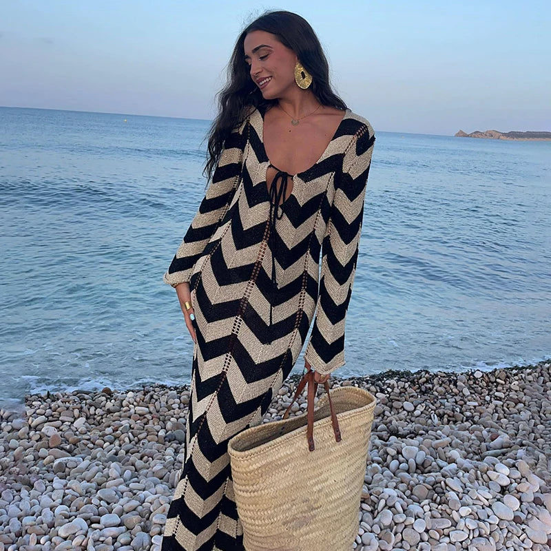 TARUXY Autumn New Lace Up Hollow Sexy Beach Cover Up Dress Women's  Stripled Long Sleeve Slim Elegant Knitted Maxi Dress V Neck voguable