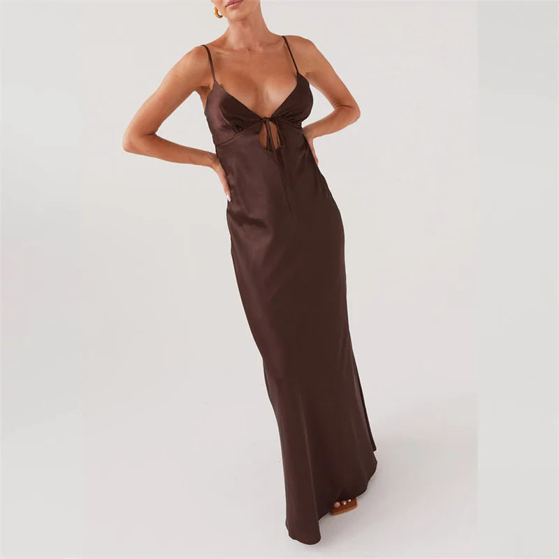 Sexy Long Dresses Women Solid Color V Neck Tie Up Spaghetti Strap Sleeveless Backless Dress Evening Party Dresses voguable